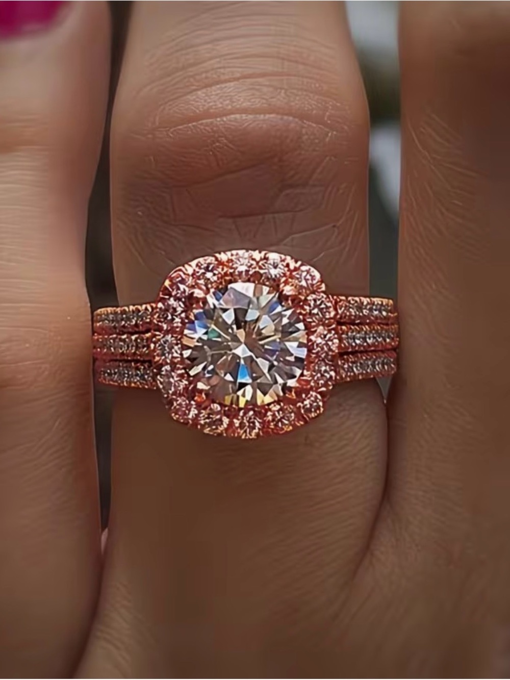 Rose Gold Halo Engagement Wedding Ring with Center Cubic Zirconia Stones
